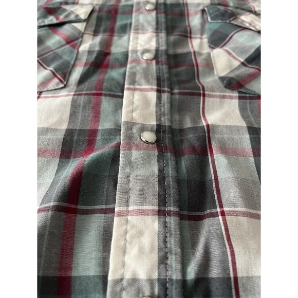 vintage Western Frontier Mens Large Pearl Snap Long Sleeve Plaid Maroon Gray - Picture 5 of 8